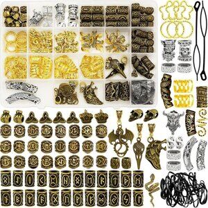 215 Pcs Viking Dreadlock Accessories Hair Charms Norse Runes Tube Beads Metal Cl